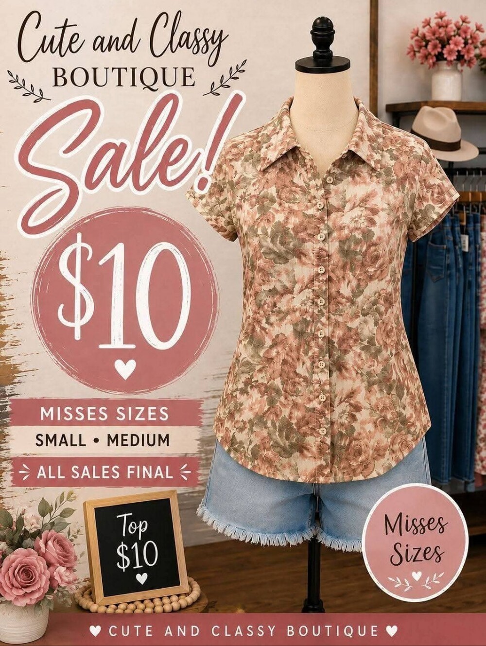 Women's Short-Sleeve Floral Button-Up Top - Pink/Green